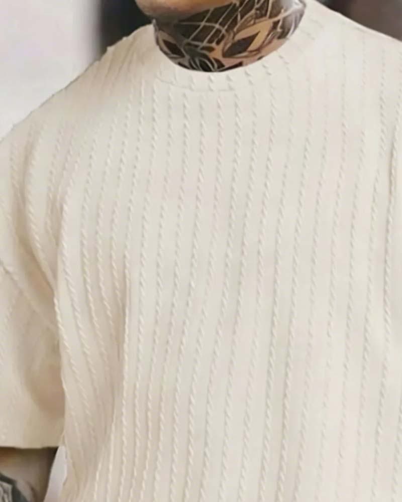 Men's Crew Neck Striped T-Shirt and Shorts Two-Piece Set
