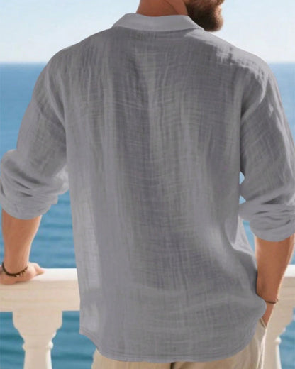 Men's Lightweight Loose Linen Long Sleeve Polo Shirt