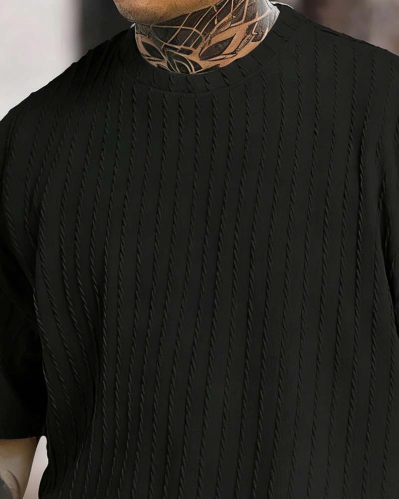 Men's Crew Neck Striped T-Shirt and Shorts Two-Piece Set